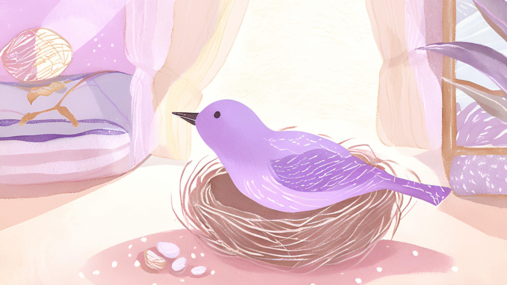 優しい木漏れ日と部屋の中にある鳥の巣、紫がかった小鳥（神秘性）