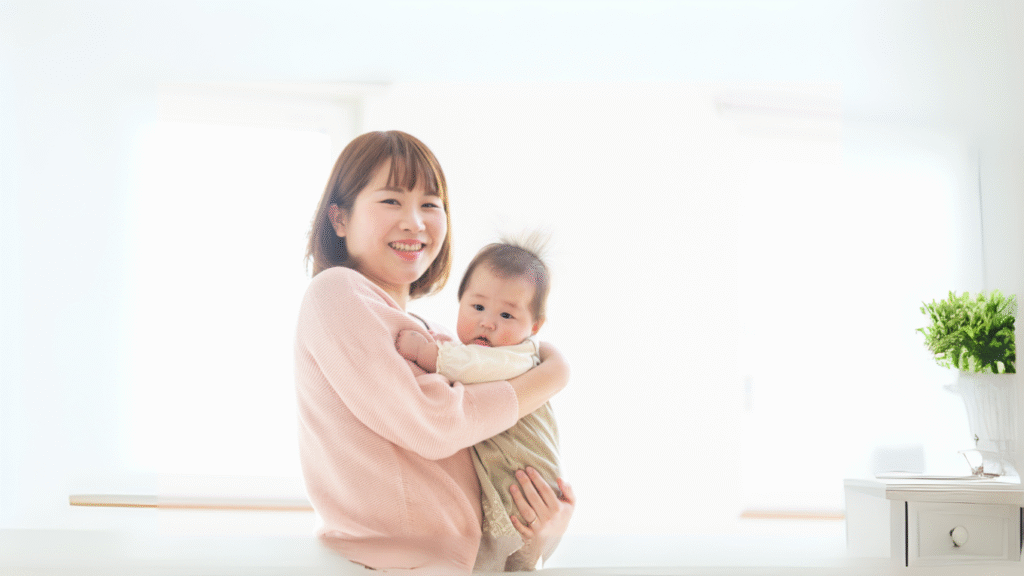 赤ちゃんを抱く笑顔のママ