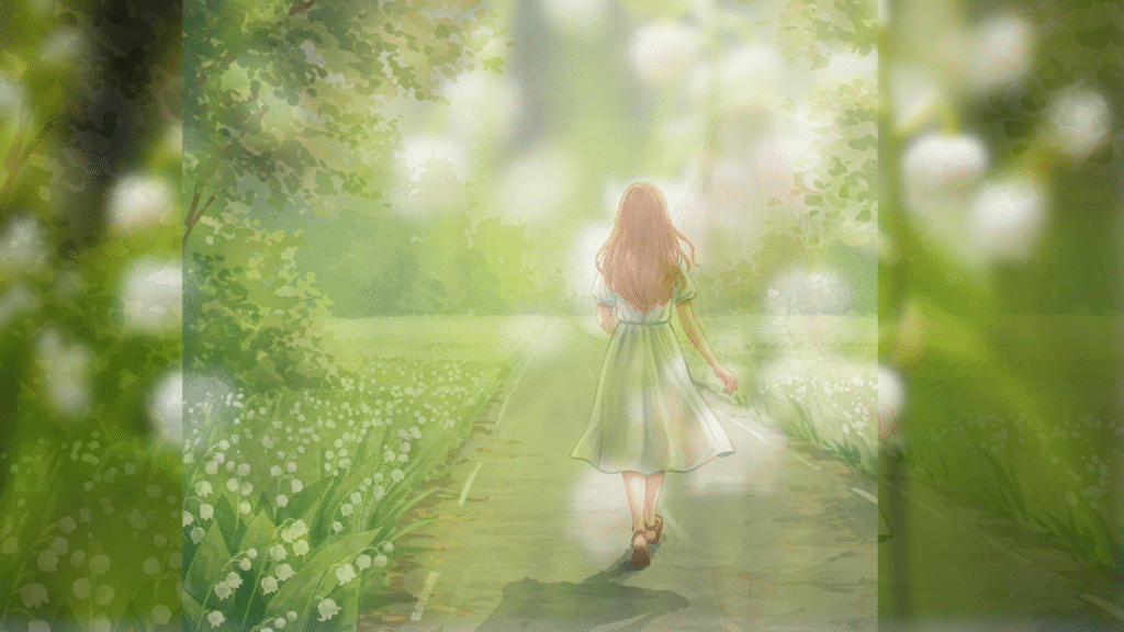 鈴蘭を背景に歩く少女
